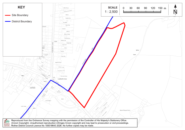 BX37 Site location map showing red site boundary and blue district boundary over an Ordnance Survey base map. North arrow, 1:2,500 scale bar labeled 0–150 m, surrounding roads, buildings, and land parcels provide geographic reference.

