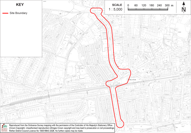 Policy BX3 site-boundary map showing a proposed or surveyed corridor through a dense urban area. Red outline marks boundary, with key, 1:5,000 scale bar, north arrow, streets, buildings, and railway lines visible.