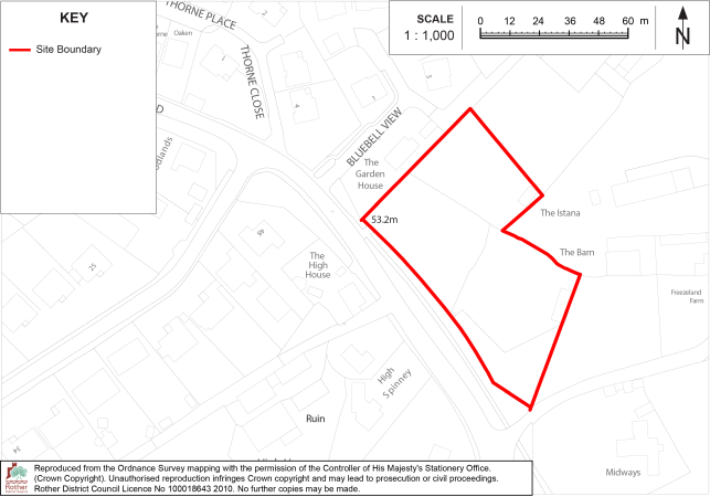 BX38 Site location map showing a proposed or surveyed property boundary within a rural residential area. Red outline marks site boundary near Burbleswell View, High Spinney, The Island, The Barn, and Midways, with 1:1,000 scale bar, north arrow, and Ordnance Survey key.

