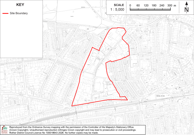 Policy BX4 site-location map shows an irregular proposed site boundary outlined in red within a dense urban street and parcel layout. Map includes key identifying red Site Boundary, 1:5,000 scale bar spanning 0–300 m, and north arrow for orientation.