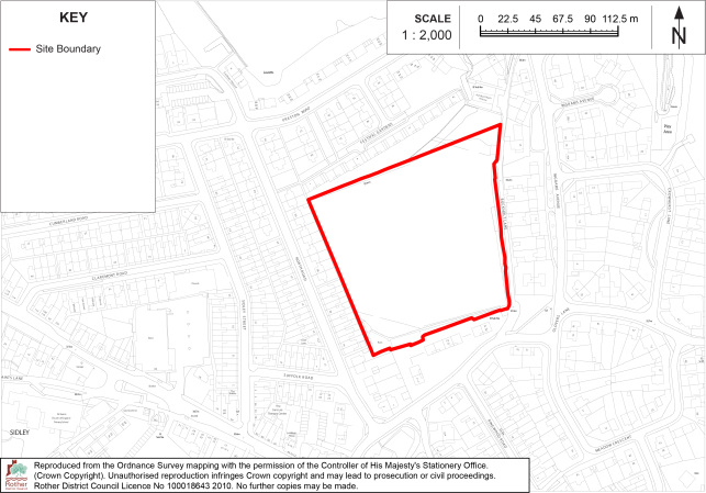 BX39 Site location map showing a red-outlined, irregularly shaped development boundary within an urban residential area. Map includes surrounding streets and buildings, a key identifying “Site Boundary,” 1:2,000 scale bar, and north arrow.

